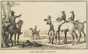 Kilpa-kohtaukset: Jockey nousemassa hevoskilpailuun: Jockey nousemassa hevoselle. tekijältä Carle Vernet