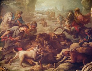 Karhunmetsästys (öljy kankaalle) tekijältä Carle van Loo