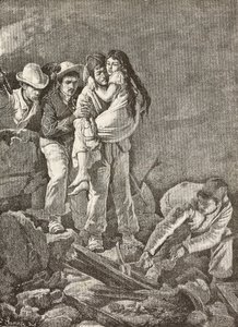 Tyttö pelastetaan kotinsa romahtamisen jälkeen, Casamicciola-maanjäristys Italiassa, kaiverrus E Sanesin piirroksesta ja Carlo Ademollon (1824-1911) maalauksesta L