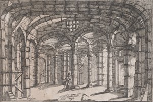 Vankilan sisäpiha, jossa istuu nainen, n. 1680-1710.