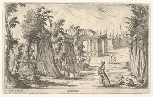 Näkymä, jossa mies turbaanissa ja leijona seisoo oikealla, telttoja ja klassista arkkitehtuuria..., 1680-1710.