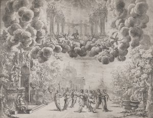 Lavasuunnittelu allegorisilla hahmoilla, teoksesta "Kaikkien täydellisyyksien idea ... Piacenz ..., ca. 1690. tekijältä Carlo Antonio Forti