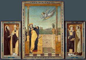 Annunciation, Saints Benedict ja Augustine, Saints Stephen ja Angelus (maalaus puulle)