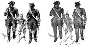 Carlo Chiostrin (1863-1939) Pinocchio, yksi ensimmäisistä italialaisista Collodin (Carlo Lorenzini) työn kuvittajista. Kaksi santarmia ottavat puisen nuken. Vasemmalla oleva kuva on Chiostrin alkuperäinen piirustus, oikealla on kaiverrus carri