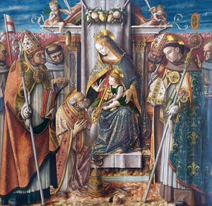 Saksalainen: Kruunattu Madonna lapsen kanssa, avainten luovuttaminen apostoli Pietarille ja Pyhä Johannes Capistranus, Pyhä Emidius, Pyhä Fransiskus, Pyhä Ludvig Toulousen, autuas Giacomo della Marca ja piispa Kruunattu Madonna lapsen kanssa, avainten luov tekijältä Carlo Crivelli