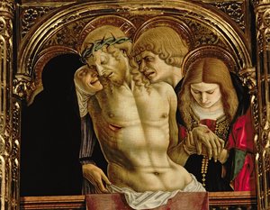 Kuolleen Kristuksen valitus, yksityiskohta SantEmidion polyptyykistä, 1473, tempera paneelille, yksityiskohta 76636:sta. tekijältä Carlo Crivelli
