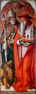 Camerinon katedraalin polyyptyykki (Duomo di Camerino): Pyhä Hieronymus ja Pyhä Augustinus. Carlo Crivellin maalaus (1430 / 35-1494 / 1500). Tempera puulla tekijältä Carlo Crivelli