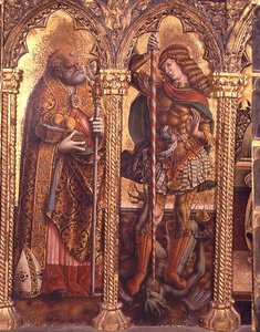 Pyhä Nikolaus ja Pyhä Mikael, yksityiskohta San Martinon polyptyykistä (tempera taulussa) (katso 76669) tekijältä Carlo Crivelli