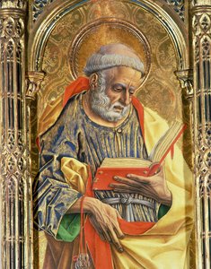 Pyhä Pietari, yksityiskohta SantEmidion polyptyykistä, 1473, tempera paneelille, yksityiskohta 76636:sta. tekijältä Carlo Crivelli