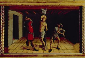 The Flagellation of Christ, keskellä oikea predella-paneeli San Silvestro polyptyykistä, 1468 (tempera paneelissa) (katso 76657) tekijältä Carlo Crivelli