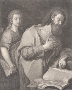Pyhä Matteus seisoo kirjan edessä oikealla käsi rinnallaan, toinen mies..., 1750-84 tekijältä Carlo Faucci