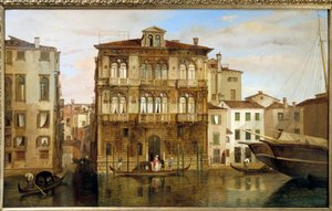 Carlo Ferrari (1813-1871) Maria Taglioni gondolissa rakennuksensa edessä Venetsiassa tekijältä Carlo Ferrari