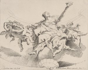Valta, jota edustaa nainen, joka istuu pilvien päällä, pitelee kruunua ja jota ympäröi putti,..., 1725-75.