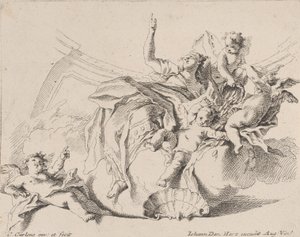 Rikkaus, jota edustaa pilvien päällä istuva ja putin ympäröimä nainen, joista yksi on..., 1725-75.
