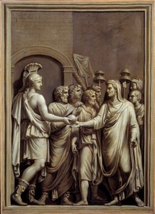 Muinainen Rooma: soturi ja mies togassa vaihtamassa palloa. Carlo Labruzzin (1748-1818) maalaus matalan roomalaisen reliefin jälkeen. Brest. Kuvataidemuseo