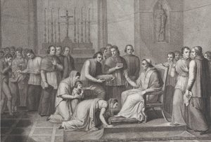 Nainen polvistuu suudellakseen paavi Pius VII:n jalkaa, väkijoukko hänen takanaan vasemmalla, 1814-50