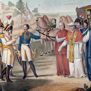 Itävaltalais-napolilainen armeija pidätti paavi Pius VII:n (Pio) (1742-1823) palattuaan Italiaan lähellä Parmaa 25. maaliskuuta 1814 - Carlo Lasinion (1759-1838) kaiverrus - Värilitografia (Paavi Pius VII:n pidätys (1742-1823) palattuaan Italiaan mennessä