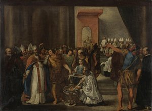 Keisari Konstantinus polttaa ariaanisia kirjoja, 1640-luku tekijältä Carlo Magnone