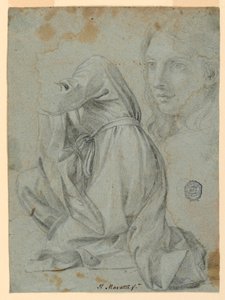Piirtäminen, tutkimukset: Cloth of a Kneeling Woman. Nuoren naisen pää, 1650-1675. tekijältä Carlo Maratti