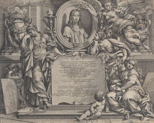 Etukappale, jossa soikea muotokuva Rafaelista, kolme allegorista Arts sup... -hahmoa, 1675.