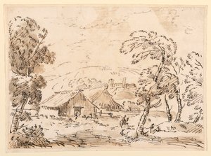 Piirustus, Talonpojan asunto ja linna vuoristoisessa maalaismaisemassa, 1762-1786 tekijältä Carlo Marchionni