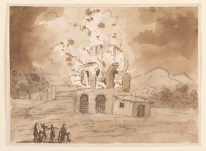 Piirros, Maisema palavan tornin kanssa, n. 1780. tekijältä Carlo Marchionni
