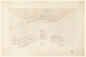 Piirros, Paavi Benedictus XIV konsistorissa kardinaalien kanssa, 1740-58. tekijältä Carlo Marchionni