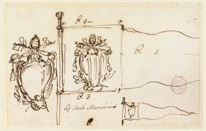 Piirustus, Kolme luonnosta paavi Benedictus XIV:n standaaria varten, 1740-58. tekijältä Carlo Marchionni