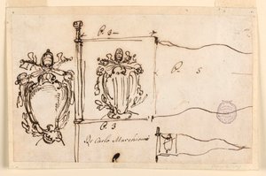 Piirustus, Kolme luonnosta paavi Benedictus XIV:n standaaria varten, 1740-58. tekijältä Carlo Marchionni