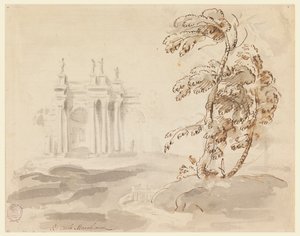 Piirros, Puu maisemassa rakennuksen kanssa, 1756-78 tekijältä Carlo Marchionni