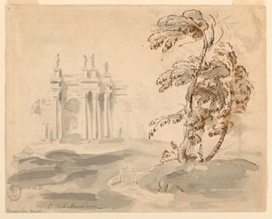 Piirros, Puu maisemassa ja rakennus, 1756-78 tekijältä Carlo Marchionni
