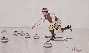 Mies heittää kiveä curling-pelissä (värilitho) tekijältä Carlo Pellegrini