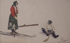 Suksensa kiinnittäminen (väri litho) tekijältä Carlo Pellegrini