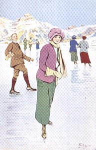 Luistelijoita Engelbergin luistinradalla, Sveitsi (värilitografia) tekijältä Carlo Pellegrini