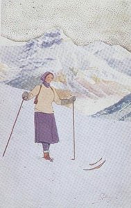 Hiihtäjä Engelbergin rinteillä, Sveitsi (väri litho) tekijältä Carlo Pellegrini