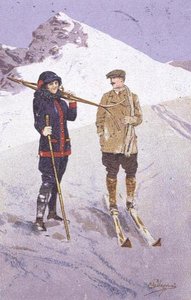 Hiihtäjät Adelbodenissa (värilitografia) tekijältä Carlo Pellegrini