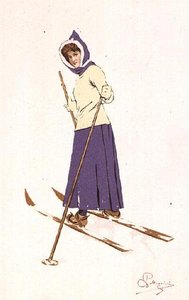 Nainen kääntyy suksilla (väri litho) tekijältä Carlo Pellegrini