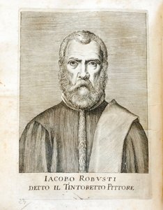 Muotokuva Jacopo Robusti dit le Tintoretista (Tintoretto) (1518-1594) italialainen taidemaalari Kaiverrus Carlo Ridolfin "Maraviglie dell