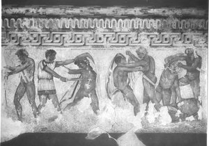 Etruskien seinämaalauksen rekonstruktio Francois-haudassa Vulcissa n. 320-280 eKr. (seinämaalaus) (katso myös 212367, 212368 ja 214591) tekijältä Carlo Ruspi