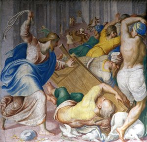 Jeesus Kristus ajaa kauppiaat ulos temppelin porteista. Fresko Carlo Urbino. Milano, S. Maria della Passione. tekijältä Carlo Urbino