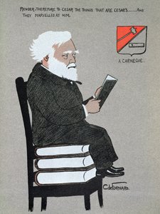 Karikatyyri Andrew Carnegie (1835-1919) piirros elokuvasta "Miljonaires of America" tekijältä Carlo de Fornaro
