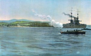 Admiral Sampsonin lippulaiva, Yhdysvaltain panssariristeilijä New York, ampumassa espanjalaisen ratsuväen rannikkovartiostoa, Cabanasin edustalla, 29. huhtikuuta 1898
