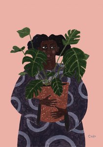Nainen, joka pitelee monstera-kasvia