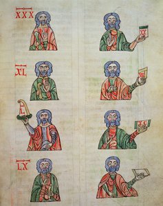 Fol.252r Sormien laskenta 1:stä 20 000:een, numerosta De numero. Codex Alcobacense, kirjoittanut Rabanus Maurus (780-856)