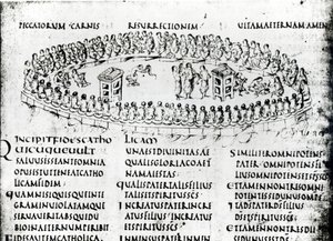 Kuva kohtauksesta yhdestä psalmista, Utrecht Psalterista, kopio alkuperäisestä Reimsistä nyt Utrechtin yliopiston kirjastossa (kynä ja muste)