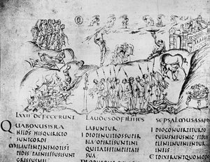 Kuva eri kohtauksista yhdestä psalmista, Utrecht Psalterista, kopio alkuperäisestä Reimsistä nyt Utrechtin yliopiston kirjastossa (kynä ja muste)