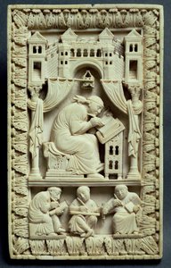 St. Gregory kirjoittaa alla kirjanoppineiden kanssa, ranskalais-saksalainen koulu, n. 850-875