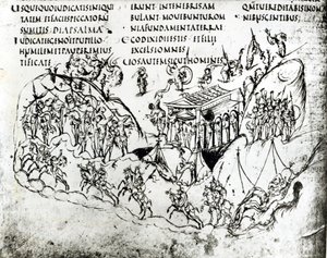 Useita psalmia kuvaavia kohtauksia, Utrechtin psalmista, kopio alkuperäisestä Reimsistä nyt Utrechtin yliopiston kirjastossa (kynä ja muste)
