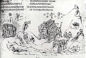 Eri kohtauksia, jotka kuvaavat yhtä psalmeista, Utrecht Psalterista, kopio alkuperäisestä Reimsistä nyt Utrechtin yliopiston kirjastossa (kynä ja muste)