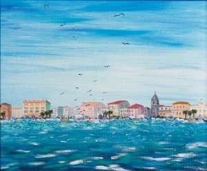 Sea Scene with Houses, 1995 (akryyli aluksella) tekijältä Carolyn Hubbard Ford